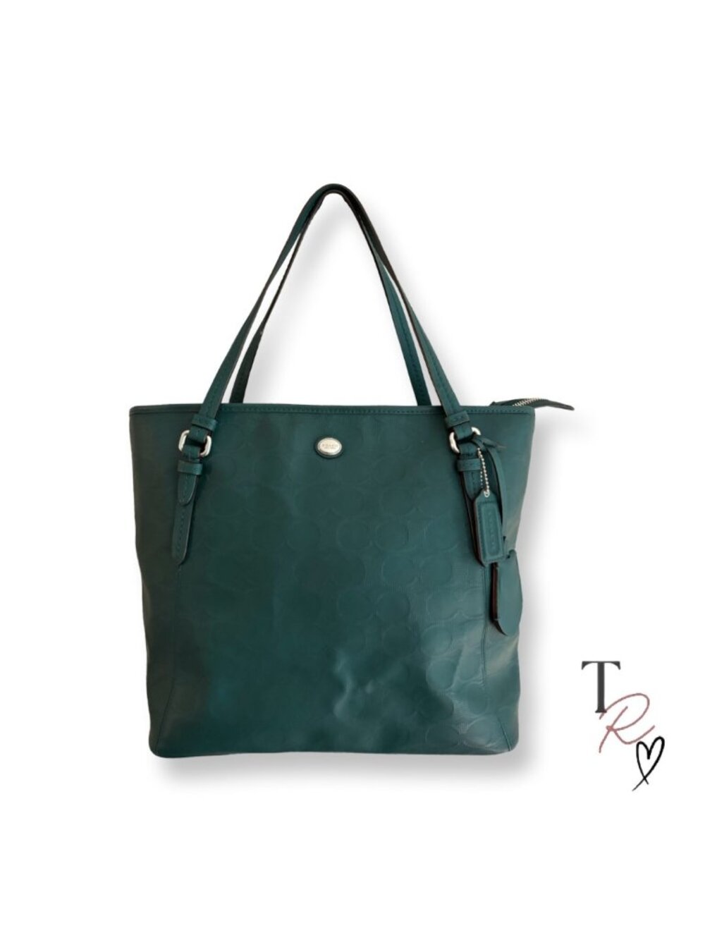 Y2K Coach Peyton Linear C Embossed Leather Tote Bag Hunter Green Teal